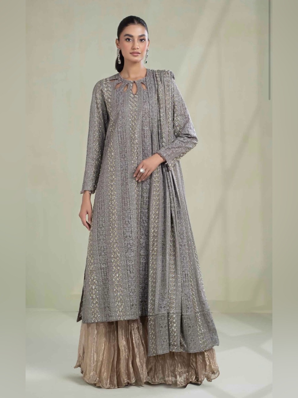 Maria B Embellished Gray Long Sleeve A-Line Dress set